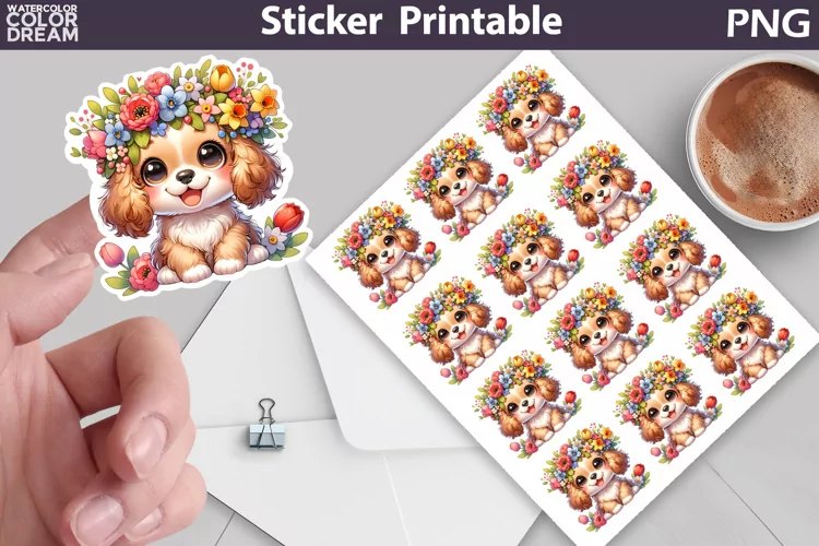 Cocker Spaniel Puppy Flowers Sticker | Dog Sticker Printable
