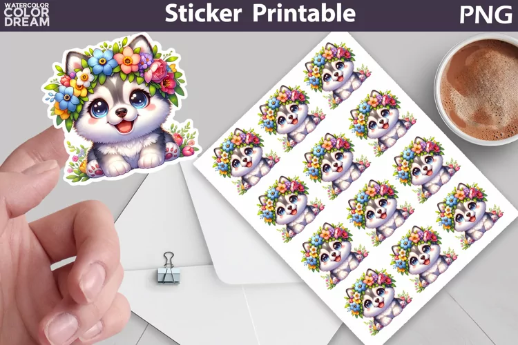Husky Puppy Flowers Sticker | Dog Sticker Printab