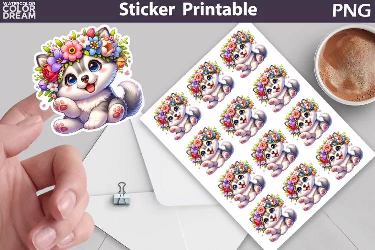 Husky Puppy Flowers Sticker | Dog Sticker Printab