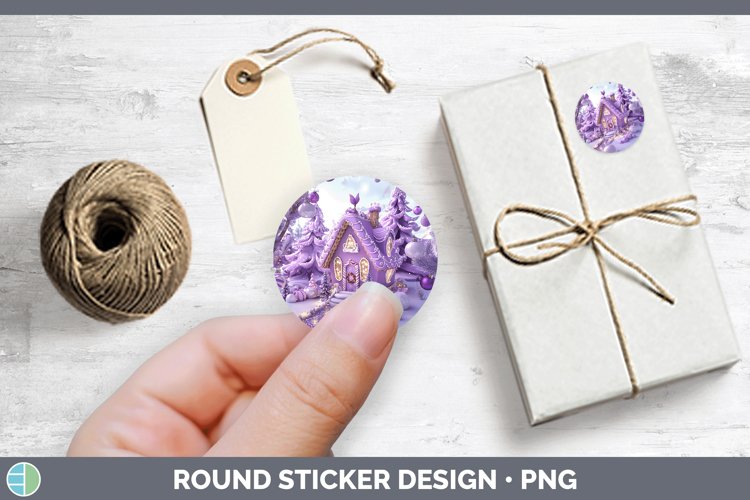 Purple 3D Christmas Gingerbread House Stickers | Round Label
