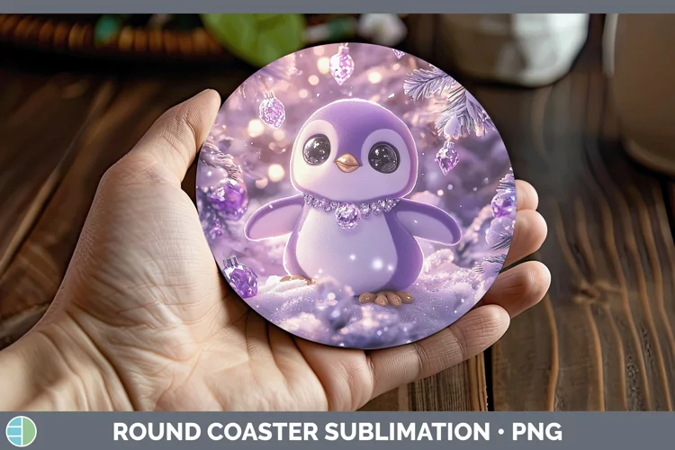 Purple 3D Christmas Penguin Round Coaster Sublimation Coaste