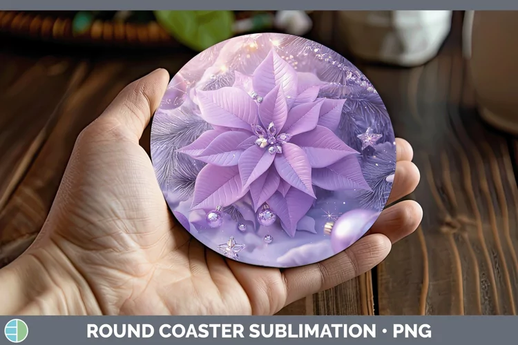 Purple 3D Christmas Poinsettia Round Coaster Sublimation Coa