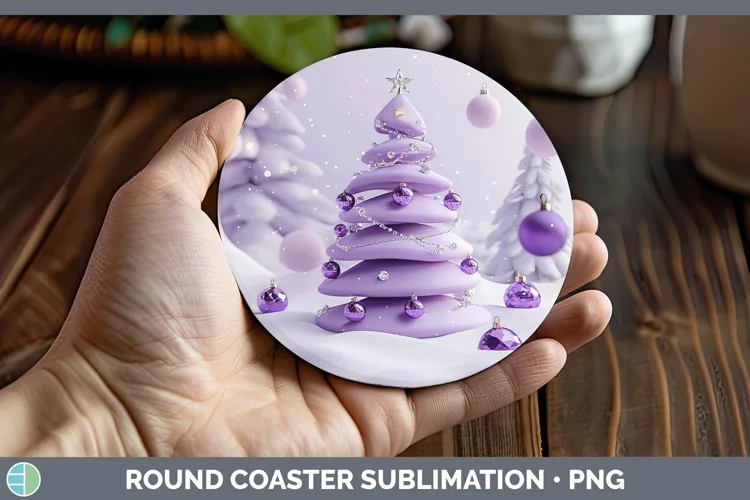 Purple 3D Christmas Tree Round Coaster Sublimation Coaster D