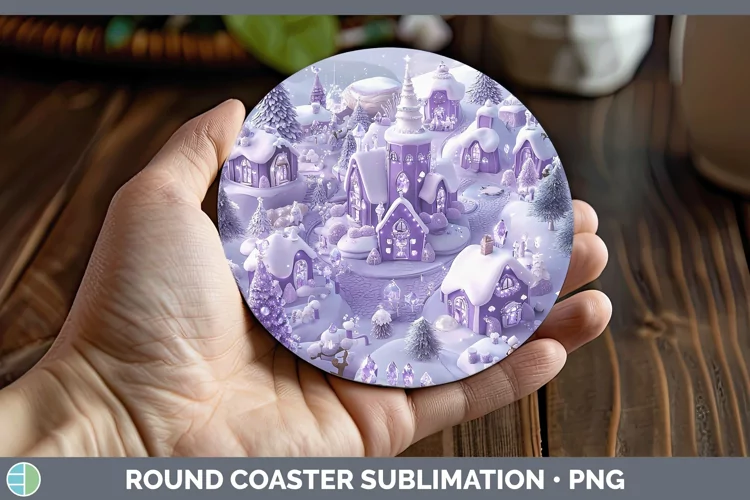 Purple 3D Christmas Village Round Coaster Sublimation Coaste