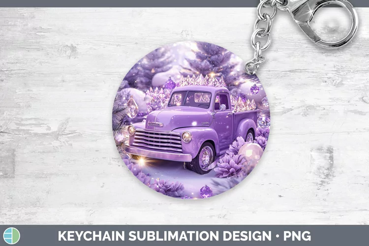 Purple 3D Christmas Vintage Truck Keychain Sublimation Keyri