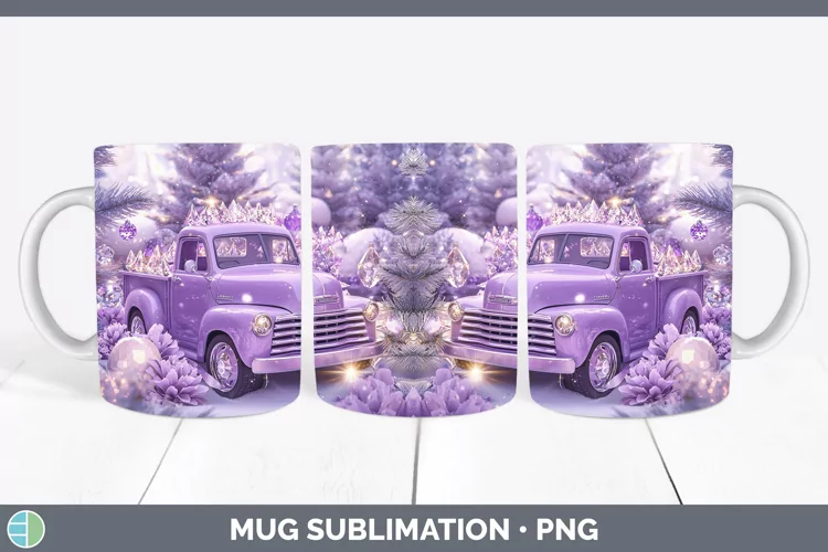 Purple 3D Christmas Vintage Truck Mug Wrap Sublimation Coffe