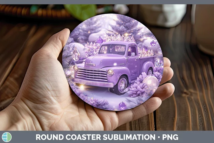 Purple 3D Christmas Vintage Truck Round Coaster Sublimation