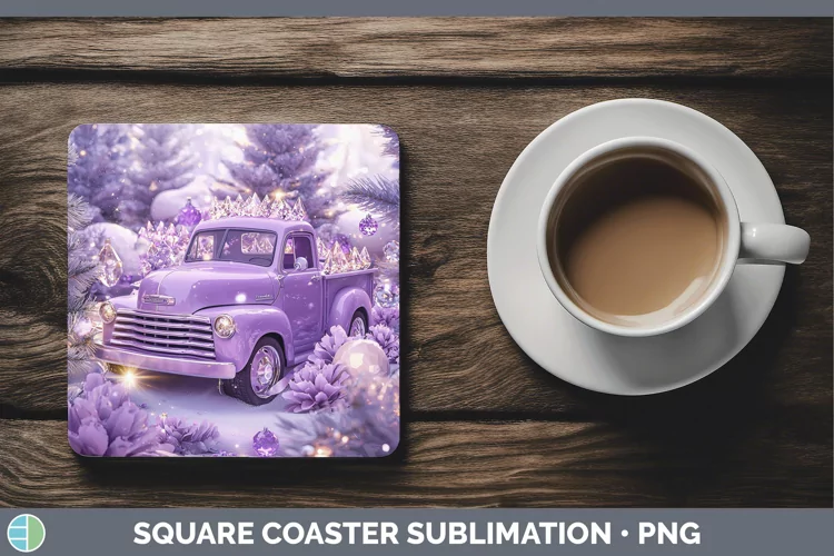 Purple 3D Christmas Vintage Truck Square Coaster Sublimation