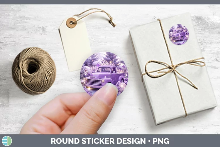 Purple 3D Christmas Vintage Truck Stickers | Round Labels De