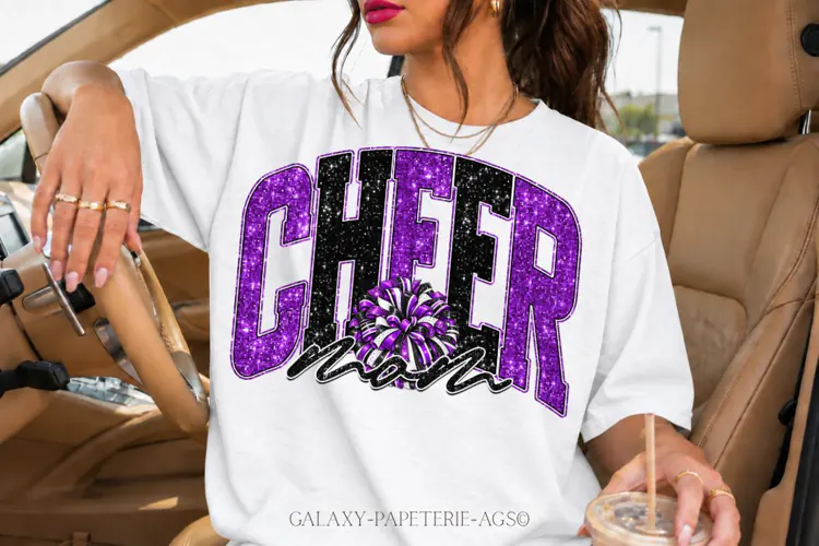 Cheer Mom PNG | Purple Black Glitter Pom Pom Design