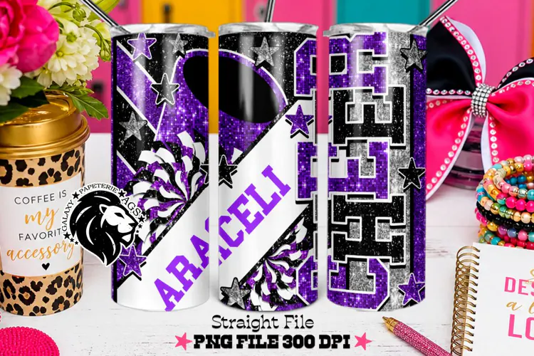 Purple Cheer Tumbler PNG | Glitter Straight Wrap