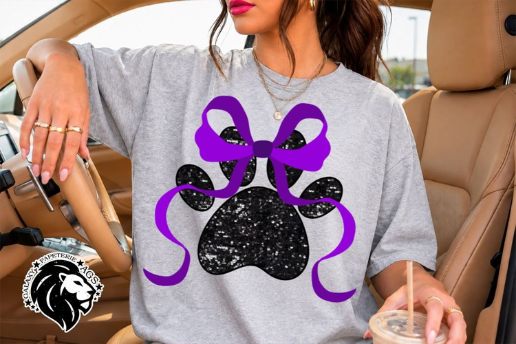 Glitter Paw Print PNG | Purple Bow Mascot Design