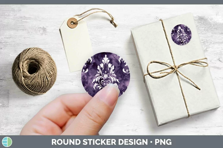 Purple Damask Stickers | Round Labels Designs