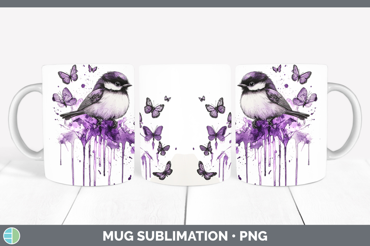 Purple Drips Chickadee Mug Wrap Sublimation Coffee Cup Desig