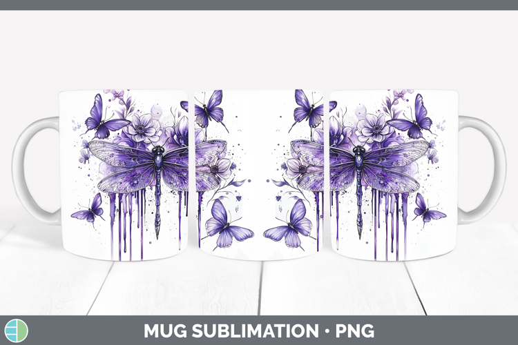 Purple Drips Dragonfly Mug Wrap Sublimation Coffee Cup Desig