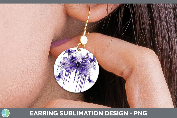 Purple Drips Dragonfly Round Earrings Sublimation Earrings D