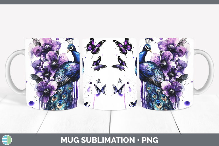 Purple Drips Peacock Mug Wrap Sublimation Coffee Cup Designs
