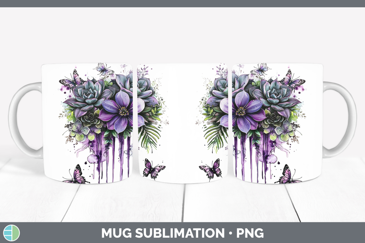 Purple Drips Succulents Mug Wrap Sublimation Coffee Cup Desi