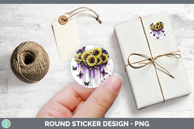 Purple Drips Sunflower Stickers | Round Labels Designs