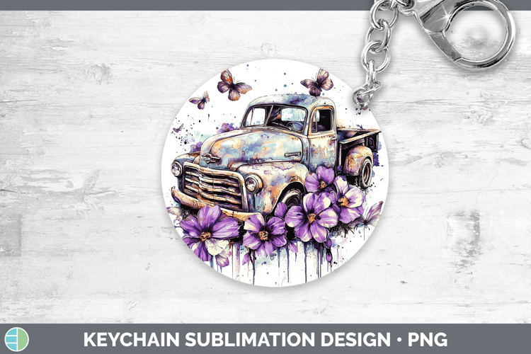 Purple Drips Vintage Truck Keychain Sublimation Keyring Desi
