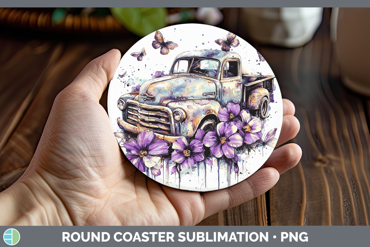 Purple Drips Vintage Truck Round Coaster Sublimation Coaster