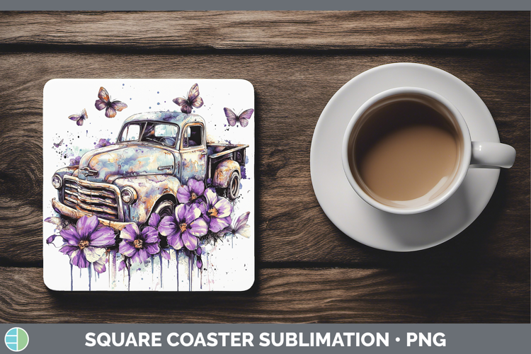 Purple Drips Vintage Truck Square Coaster Sublimation Coaste