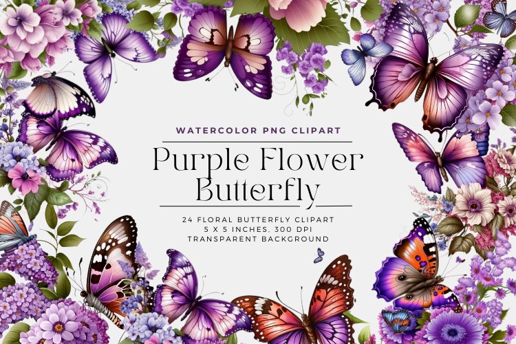 Purple Flower Butterfly Watercolor Flower Clipart example image 1
