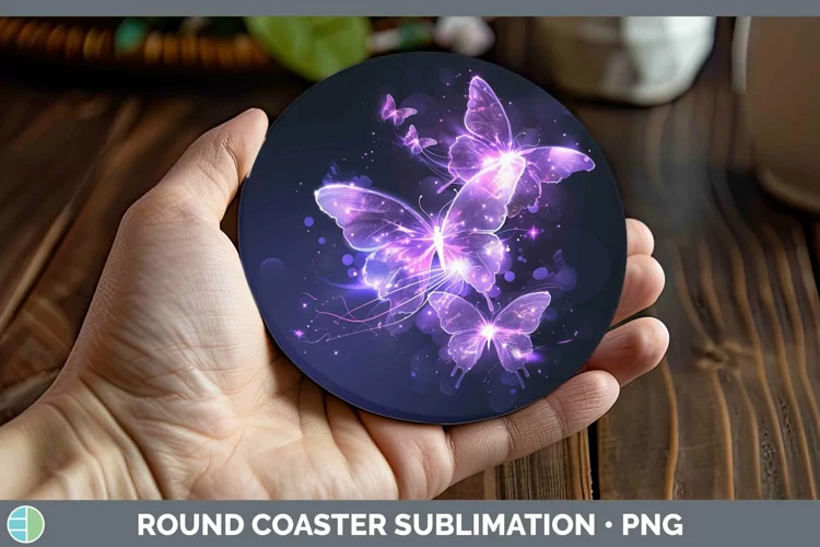 Purple Glow Butterflies Round Coaster Sublimation Coaster De