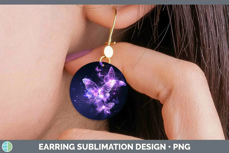 Purple Glow Butterflies Round Earrings Sublimation Earrings