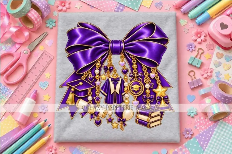 Purple Graduation Bow PNG with Cap & Diploma Charms, Senior
