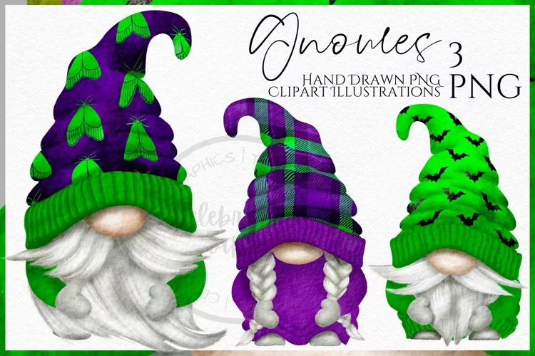 Purple Green Halloween Gnomes | Watercolor Clipart Png