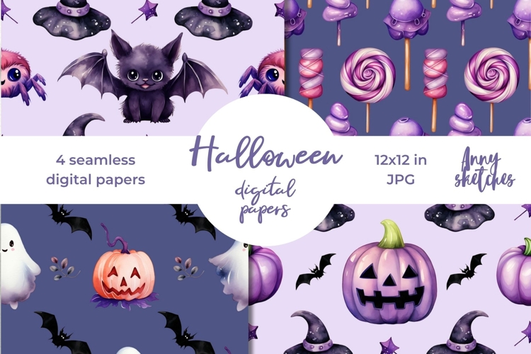 4 Purple Halloween Digital Papers Seamless Patterns