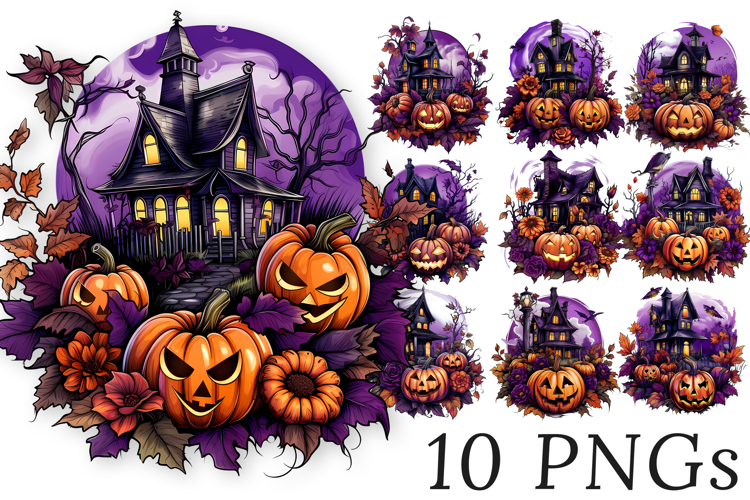 Huanted Houses Clipart Bundle - 10 Hallowen Transparent PNGs