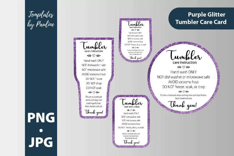 Purple glitter tumbler care cards. Tumbler care instructions