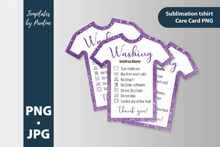Purple glitter t shirt washing instructions card PNG