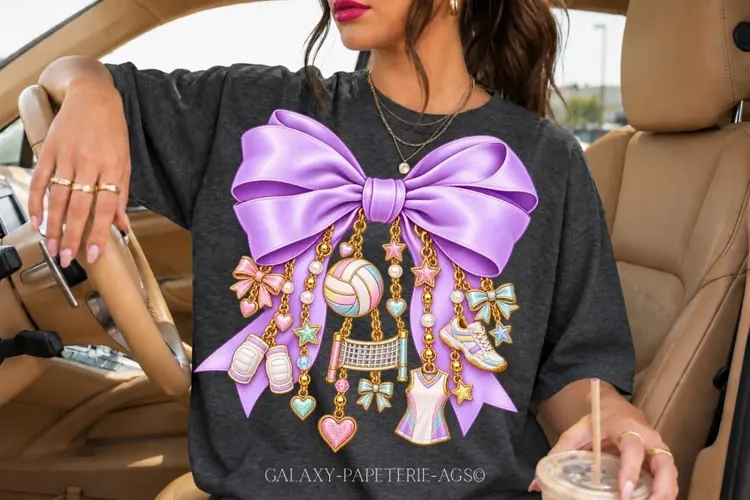 Purple Volleyball Bow PNG with Sports Charms