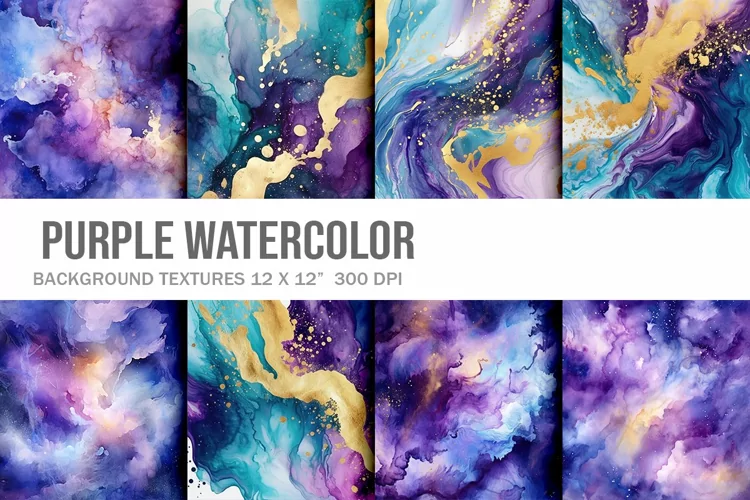 Purple Watercolor alcohol ink Background Digital Paper Set