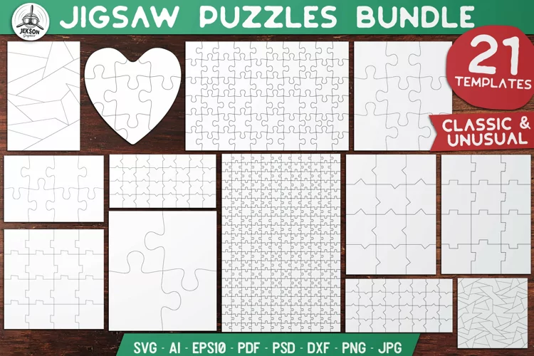 Puzzle Jigsaw SVG Templates Bundle - Classic, Heart, Unusual