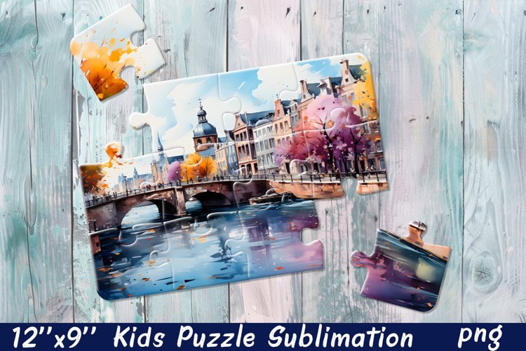 Watercolor City Puzzle Template. Spring Puzzle example image 1
