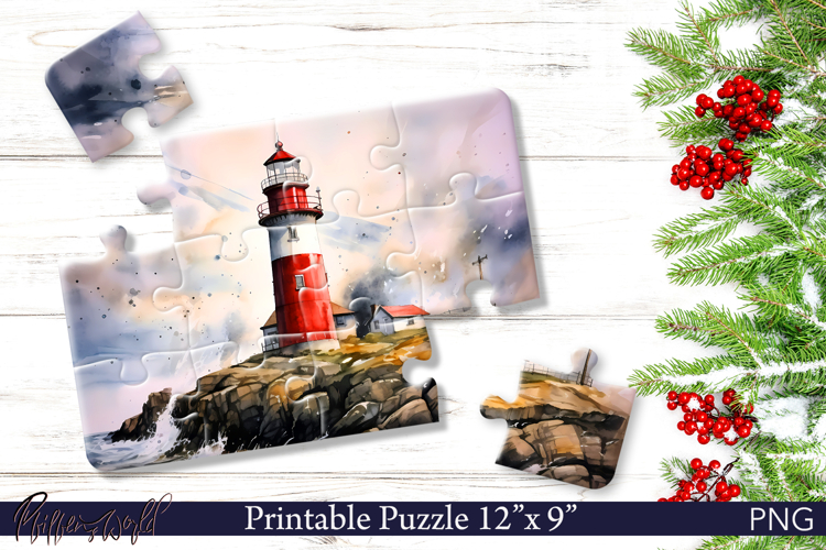 Watercolor Lighthouse Puzzle PNG | Coastal Sublimation