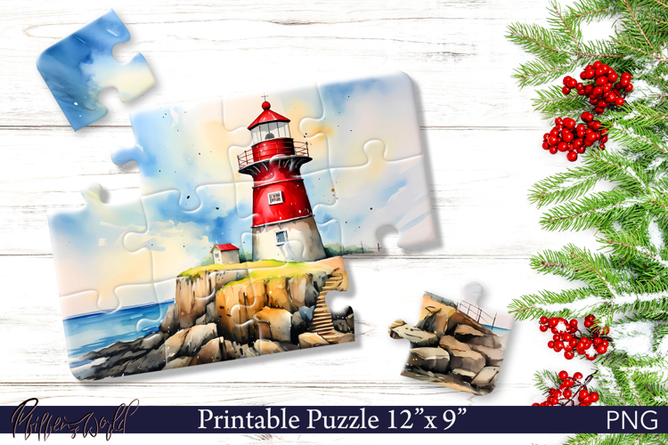 Lighthouse Printable Puzzle PNG | Coastal Sublimation Design