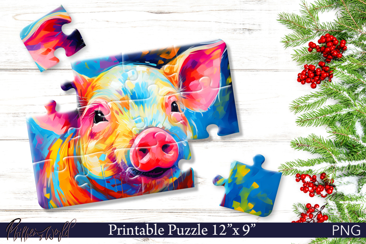 Cute Pig Puzzle PNG | Bright Animal Sublimation example image 1