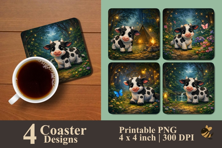Whimsical Woodland Cow Coaster Sublimation Designs example image 1