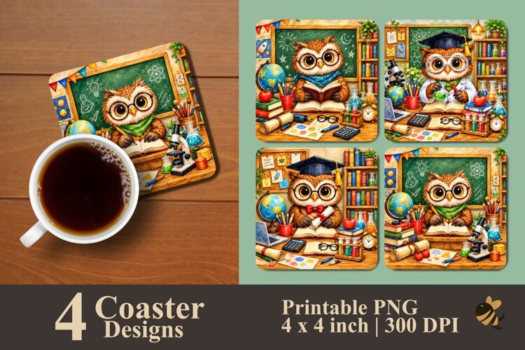 Back to School Owl Coaster Sublimation Design example image 1