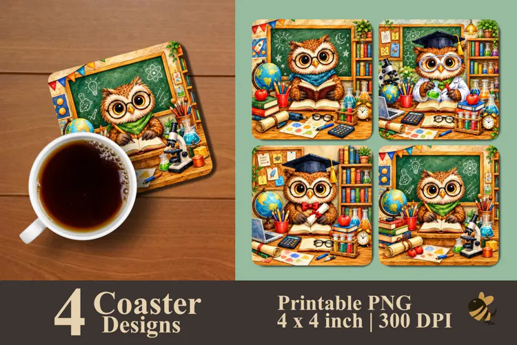 Back to School Owl Coaster Sublimation Design