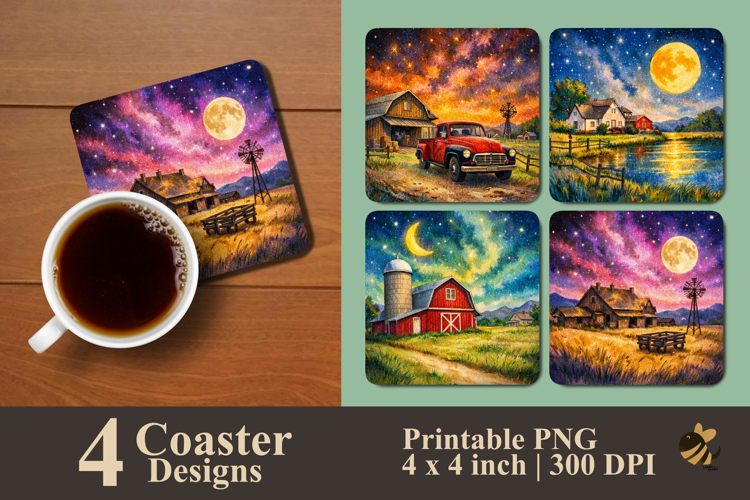Farm At Night Coaster Sublimation Designs