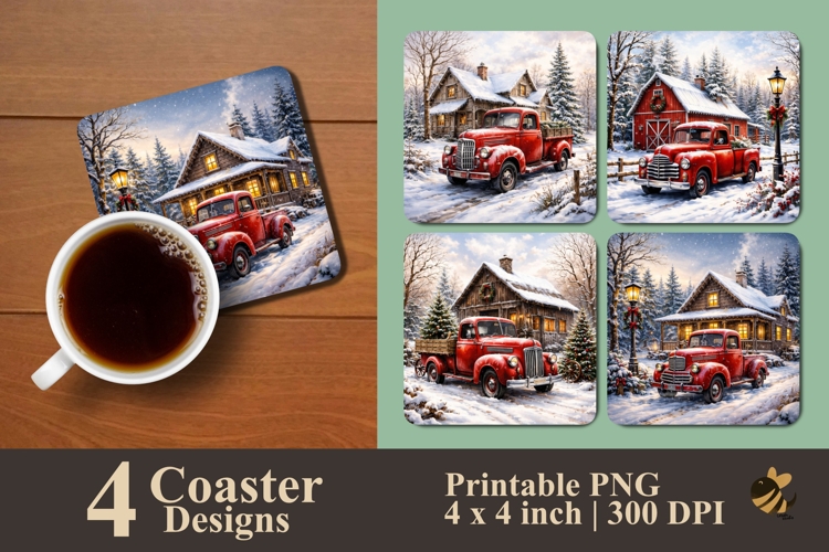 Truck and Winter Farmhouse Coaster Sublimation Design