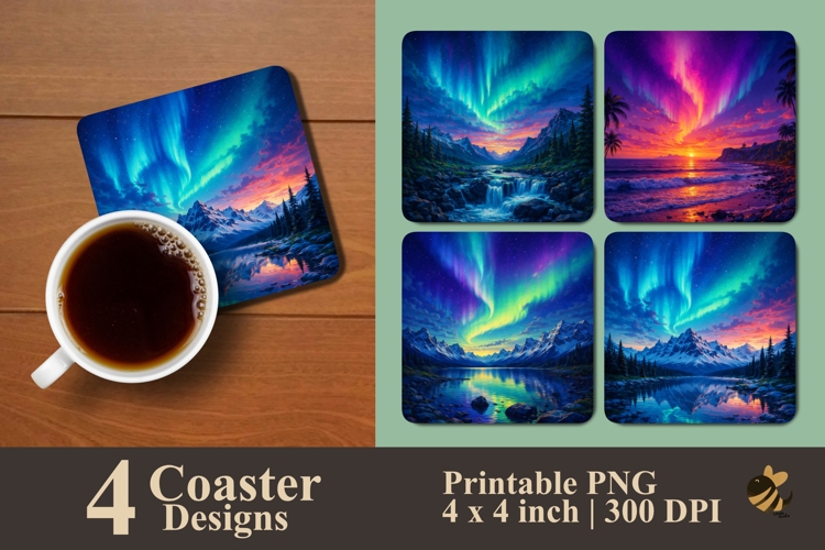 Nature With Aurora Coaster Sublimation Designs