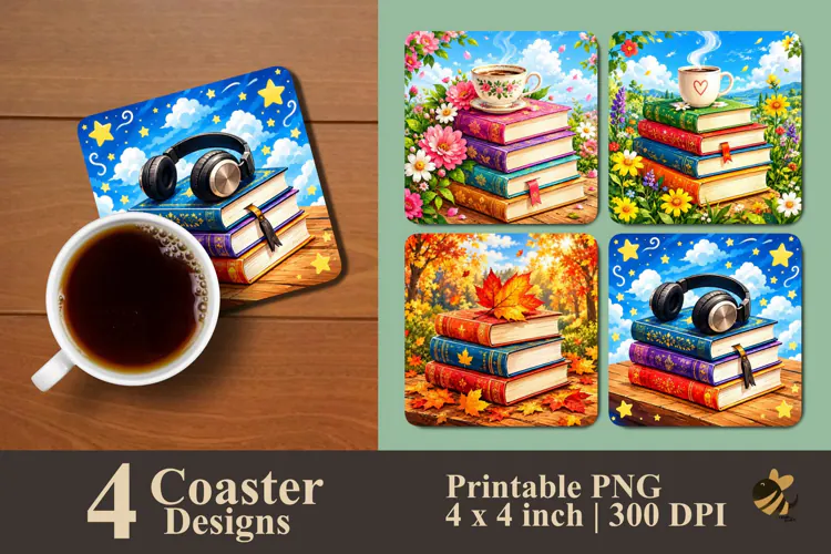 Lovely Book Stack Coaster Sublimation Designs