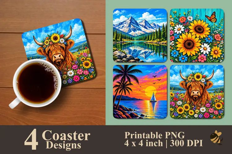 Cute Highland Cow Nature Coaster Sublimation Designs